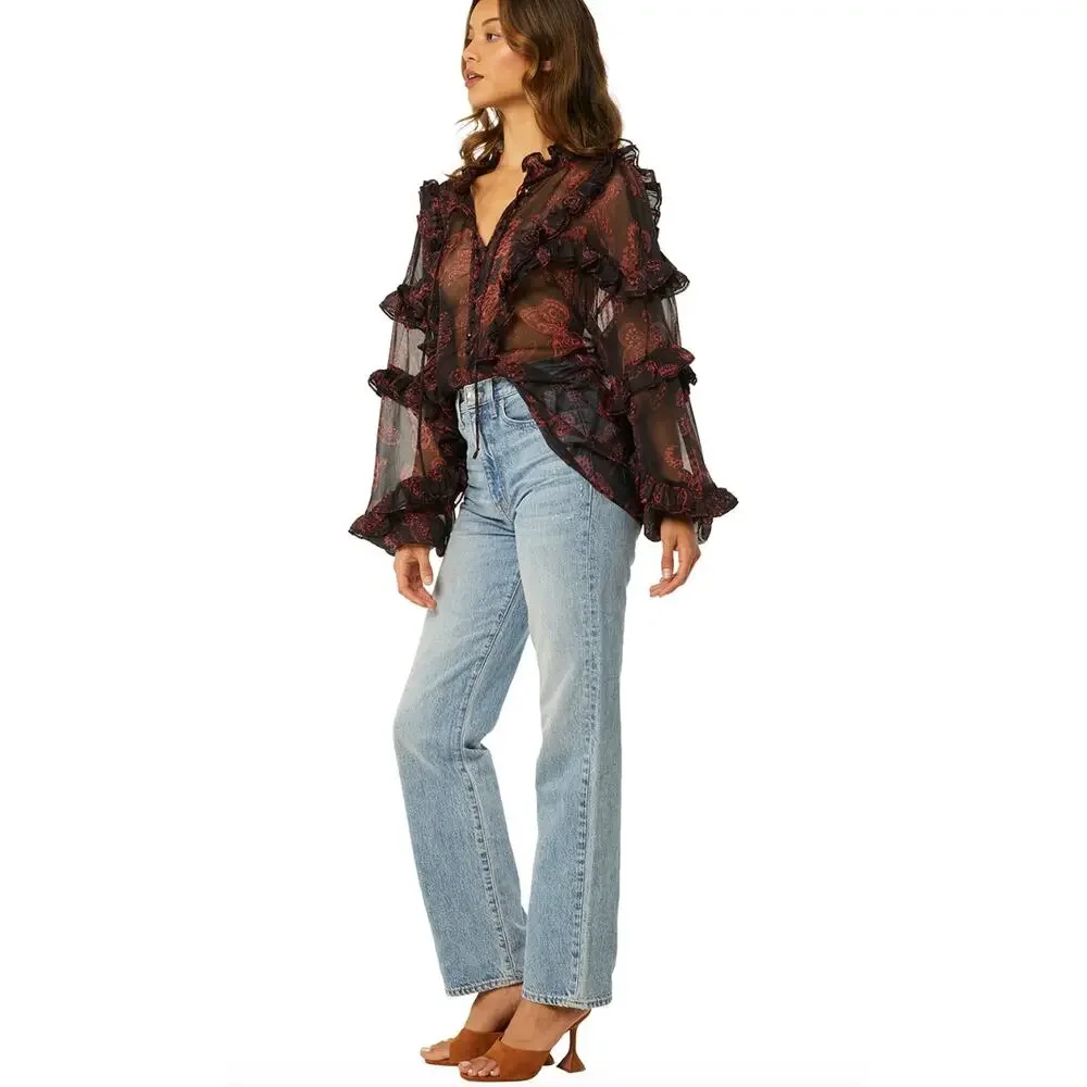 MISA Los Angeles Frida Butterfly Sheer Blouse Ruffle Puffy Sleeves sz XS X-Small - Picture 11 of 13